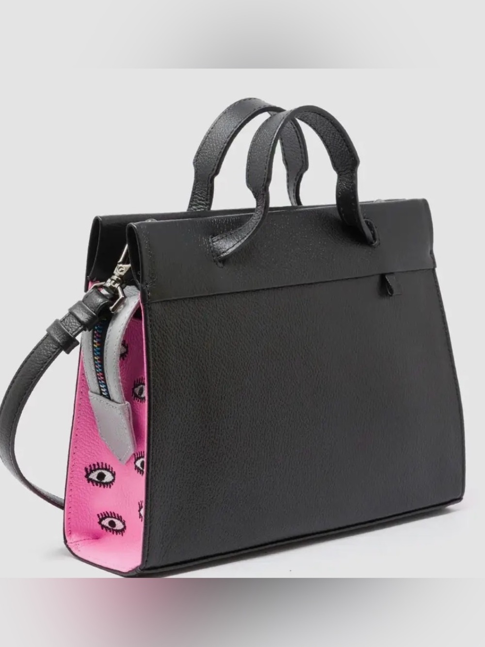 Min & Mon Vali Crossbody Small Black Bag with Pink Eye-Print Side Panels